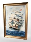 R Shaw (20th century) A tall masted ship at sea, oil on canvas, signed and dated '79, 75 cm x 49 cm.