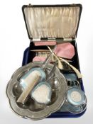 A group of enameled dressing table items, EPNS bowl, bone necklace, etc.