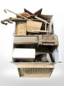 A group of wooden crates, small three drawer chest, stool, walking sticks, two hide covered drums,