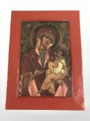A reproduction painted Russian icon, 41 cm x 27 cm.