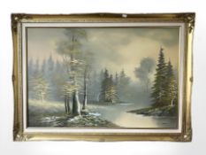 D Jackson (contemporary) : A stream flowing through woodland, oil on canvas, 58 cm x 90 cm.