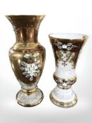 Two Czechoslovakian Jones glass vases with raised hand painted floral decoration, tallest 26.5 cm.
