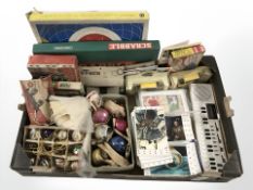 A quantity of games, Christmas baubles, die cast cars, Viewmaster, Christmas lights,
