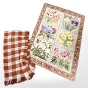 An Aubusson-style floral embroidery, 120 cm x 84 cm, together with a further chequered blanket.