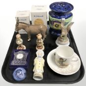 A group of ceramics including two boxed Goebel figures, Beswick donkey, a Maling rose bowl,
