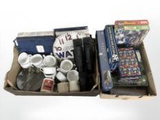 A group of jigsaws, collectors plates depicting railway locomotives, Virgin trains teacups,