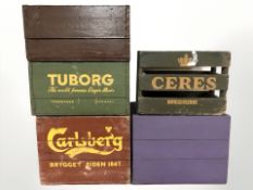 Five vintage painted pine bottle crates including Carlsberg, Tuborg, etc, width approximately 48 cm.