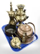 A brass samovar, 19th century copper and brass kettle, cast iron handled copper saucepan, etc.