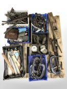 A collection of antique / vintage hand tools, rules, clamps, woodworking plane, etc.