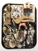 Assorted gemstone specimens, treen, EPNS cutlery, bead necklaces, etc.