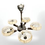 A 20th century continental pendant light fitting with five marbelled glass shades, diameter 72 cm.