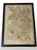 A 19th century silk work picture depicting a butterfly and rose blossom, 59 cm x 43 cm.