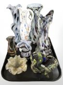A group of mottled glass vases, studio glass bowls, etc.