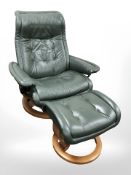 A Norwegian Ekornes Stressless green stitched leather armchair and matching footstool