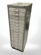 A Bisley thirteen drawer enameled metal index chest, 28 cm x 43 cm x 94 cm.
