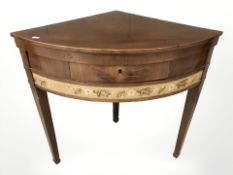 A 19th century continental inlaid mahogany corner table with needlework decoration, height 76 cm.