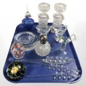 Glasswares including a silver mounted crystal perfume bottle, two paperweights,