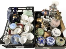 A group of contemporary oriental porcelain ginger jars, teapots, vase, various tea china, lamp base,