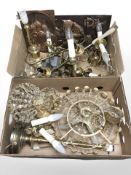 A group of contemporary continental brass lamp bases and other light fittings, two embossed plaques,