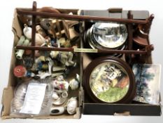 A quantity of Royal Doulton collector's plates, figurines, wooden plate rack, other ceramics,