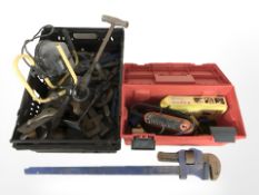 A toolbox and further crate containing assorted hand and power tools, large Record wrench,