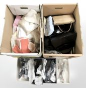 A quantity of lady's leather handbags, several pairs of shoes, table linen, etc.