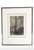 Fred Slocombe (1847-1920) : A woodsman piling firewood, drypoint etching, 24 cm x 16.5 cm.