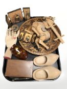 Various treen including pair of wooden clogs, two reproduction Russian-style icons, lacquered vase,