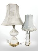 An oriental porcelain figural table lamp with shade and a further lamp in the form of an urn,