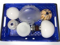 A group of lightshades including Art Deco marbelled glass examples, etched and frosted glass,