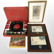 Two framed first day covers, further Russian bank note,