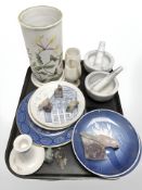 A group of Bing and Grondahl porcelain plates, two marble mortars and pestles,