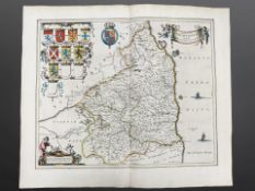 A 17th hand coloured Joan Blaeu map of Northumbria, circa 1646,