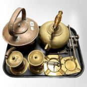 Two 19th century kettles, a pair of brass money boxes, two ashtrays, drawing utensils, etc.