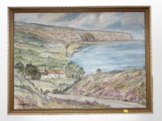 J Sargeant : A coastline with fishing village beyond, oil on canvas laid to board, 59cm x 81cm.