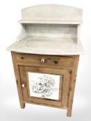 A Victorian pine marble topped wash stand, 64 cm x 45 cm x 109 cm.