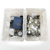 Two plastic tubs of coins, Foreign coins, English Crowns,