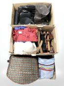 A group of leather bags, boots, satchels, gentlemans black silk top hat (as found), other clothing,