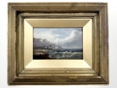 Follower of William Thornley : Figures by a coast, oil on panel, 16 cm x 10 cm.