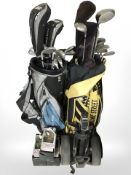 Two golf bags containing assorted iron and drivers including Taylormade, Zucci etc,