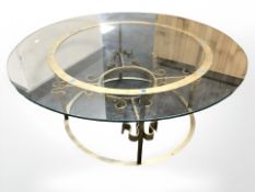 A contemporary glass and painted metal circular coffee table, diameter 106 cm,