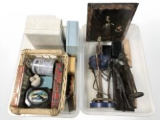 A group of jewellery boxes, wicker basket, tins, metal sculptures, lamp base, digital cameras,