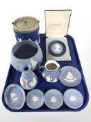 A group of Wedgwood blue and white jasperware including portrait plaque of Prince Philip,