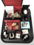 A group of costume jewellery, Scottish hardstone inset brooch, large cameo brooch, bead necklaces,
