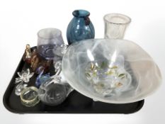 A group of glass swan paperweights, a Caithness vase,