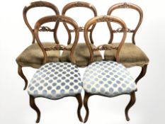 A set of five Victorian carved mahogany balloon back dining chairs.