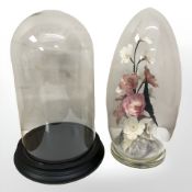 A glass dome on turned ebonised stand, height 30 cm,