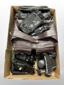 A group of camera bags, Ricoh KR/5 camera, lenses including Kiron 20/210 mm lens,