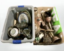 A group of poss sticks, other metal wares, a stereoscope viewer, various ceramics, glass jars, etc.