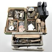 A collection of vintage hand tools and hardware, gas torch, vice, etc.